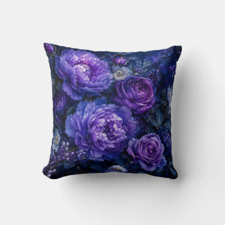 Moody Deep Indigo Blue & Purple Floral Peony Throw Pillow