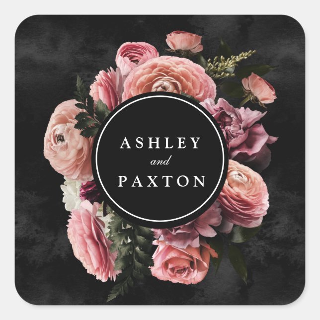 Moody Elegant Pink | Floral Bouquet on Black Class Square Sticker (Front)