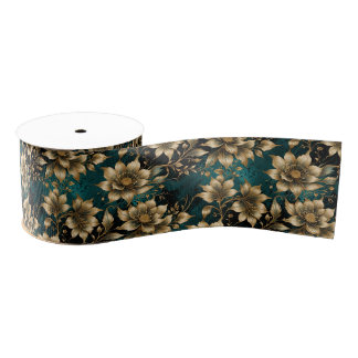 Moody Emerald and Antique Gold Botanical Grosgrain Ribbon