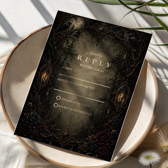 Moody Enchanted Goth Forest Wedding RSVP Card (Creator Uploaded)