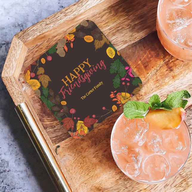 Moody Fall Botanical Friendsgiving Dinner Square Paper Coaster (Creator Uploaded)