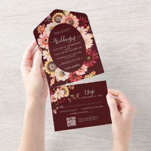 Moody Fall Burgundy Floral Sunflowers OR Code All In One Invitation