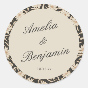 Moody Floral Black Ivory Wedding Personalized Classic Round Sticker