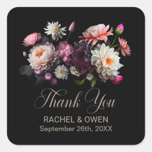 Moody Floral Black Wedding Thank You Square Sticker