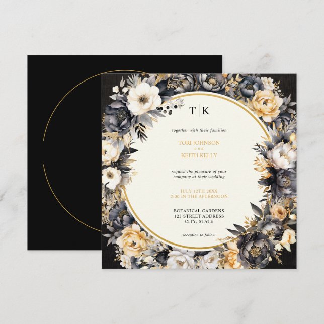 Moody Floral Black White & Gold Faire-part de mari (Devant / Derrière)