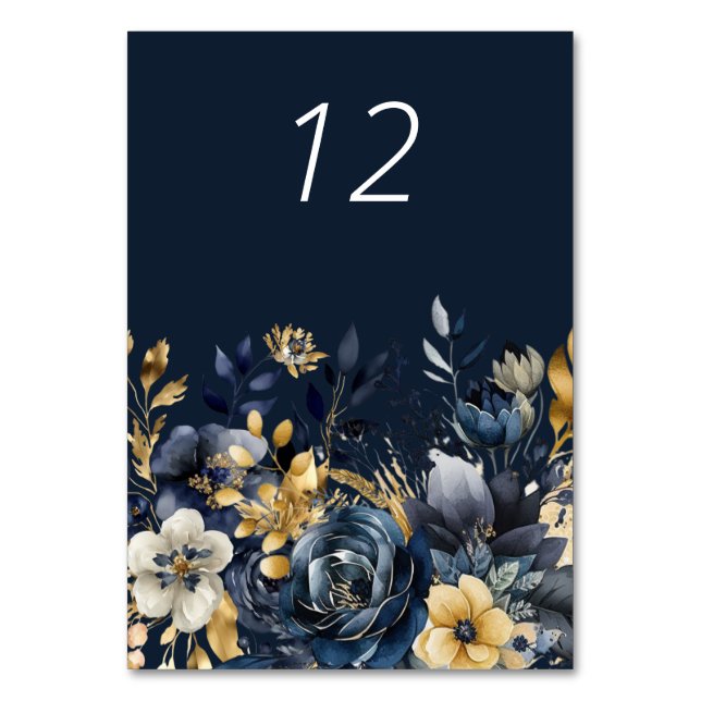 Moody Floral Blue Gold Wedding Table Card (Front)