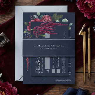 Moody Floral Blue Green Elegant Wedding Invitation Belly Band