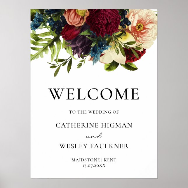 Moody Floral Bourgogne Mariage Affiche de bienvenu (Devant)