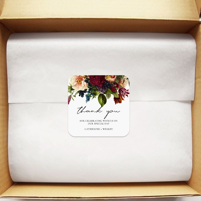 Moody Floral Burgundy Wedding  Square Sticker (Creator Uploaded)