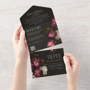 Moody Floral Dark Chic Burgundy Wedding QR Code All In One Invitation