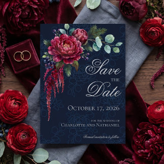 Moody Floral Deep Blue Elegant Wedding Save The Date
