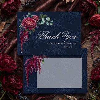Moody Floral Deep Blue Elegant Wedding Thank You Card
