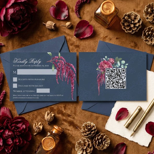 Moody Floral Deep Blue QR Code Wedding RSVP Card (Creator Uploaded)