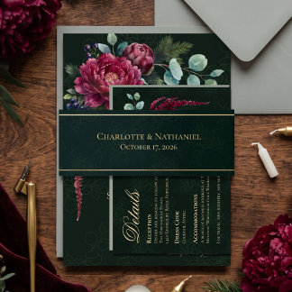 Moody Floral Deep Green Elegant Wedding Invitation Belly Band