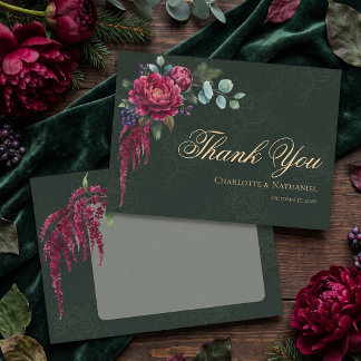 Moody Floral Deep Green Elegant Wedding Thank You Card