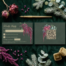 Moody Floral Deep Green QR Code Wedding RSVP