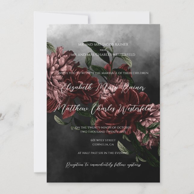 Moody Floral Faire-part de mariage avec code QR (Devant)