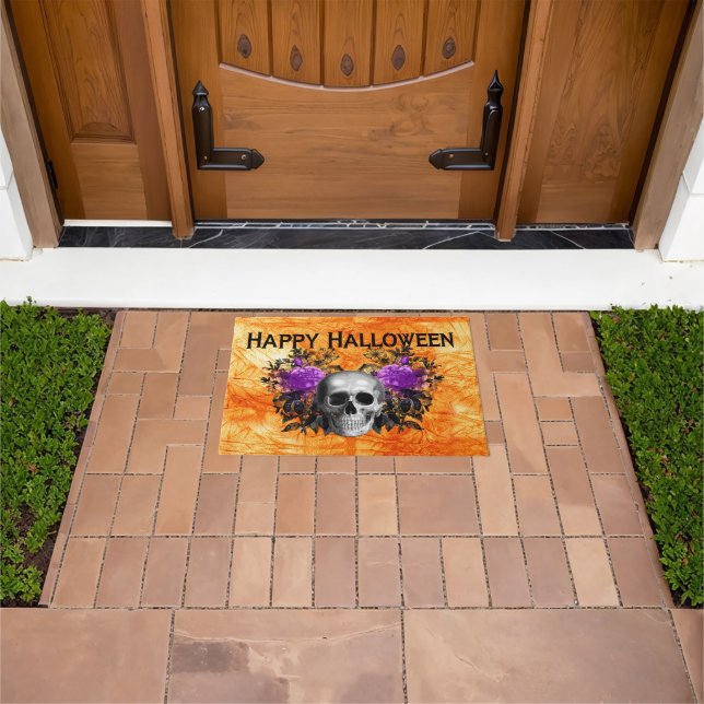 Moody Floral Happy Halloween Skull Spooky Doormat (Outdoor)