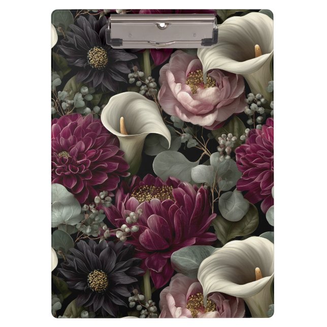 Moody Floral Pattern with Dahlias and Calla Lilies Clipboard (Front)