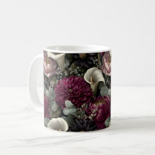Moody Floral Pattern with Dahlias and Calla Lilies Coffee Mug