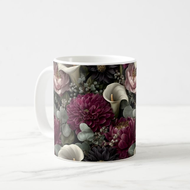 Moody Floral Pattern with Dahlias and Calla Lilies Coffee Mug (Front Left)