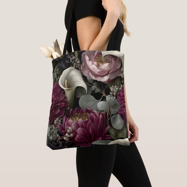 Moody Floral Pattern with Dahlias and Calla Lilies Tote Bag (Close Up)
