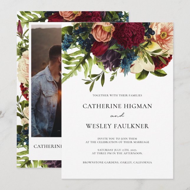Moody Floral Photo Burgundy Wedding  Invitation (Front/Back)