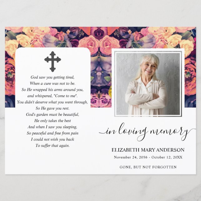 Moody Floral Watercolor Photo Funeral Program (Front)