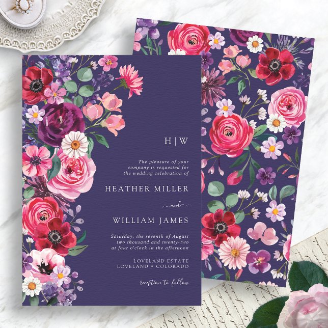 Moody Floral Wedding Invitation (Moody Navy Blue Floral Wedding Invitation Monogrammed by Painted Paperie
)