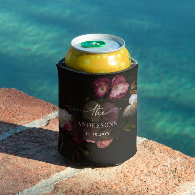 Moody Floral Wedding Personalized Dark Can Cooler (In Situ Pool)