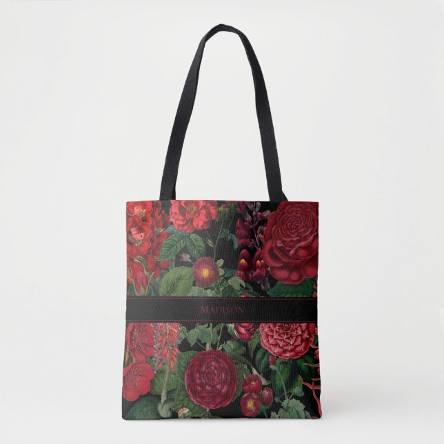 Moody Florals Black & Burgundy Monogram Tote Bag (Front)