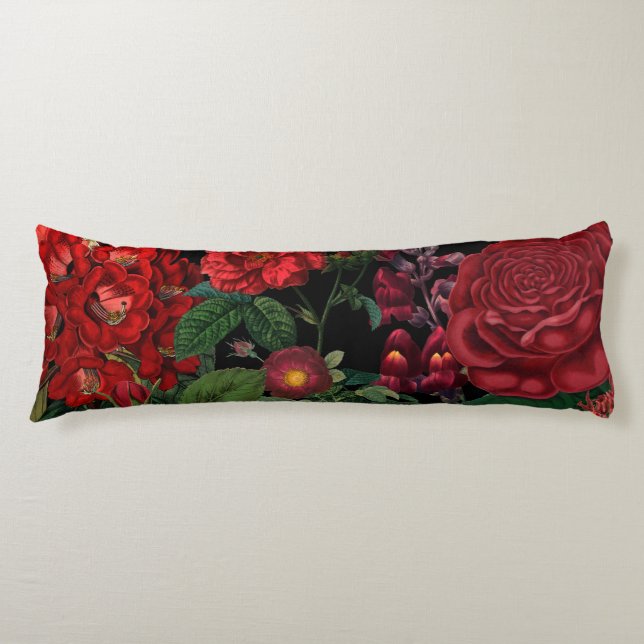 Moody Florals Black & Burgundy Vintage  Body Pillow (Front)