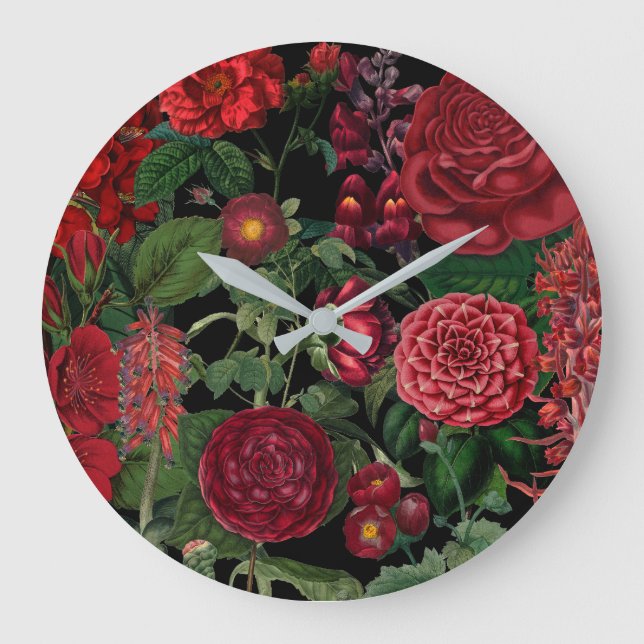 Moody Florals Black & Burgundy Vintage Large Clock (Front)