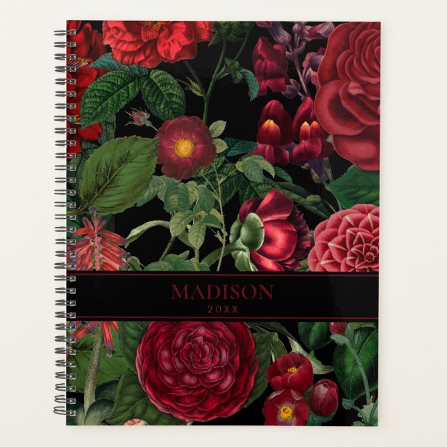 Moody Florals Black & Burgundy Vintage Monogram   Planner (Front)
