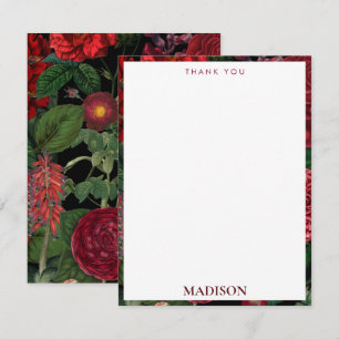 Moody Florals Black & Burgundy Vintage Monogram Thank You Card