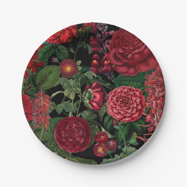 Moody Florals Black & Burgundy Vintage  Paper Plate (Front)