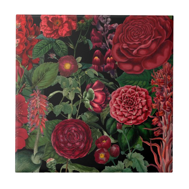 Moody Florals Black & Burgundy Vintage  Tile (Front)