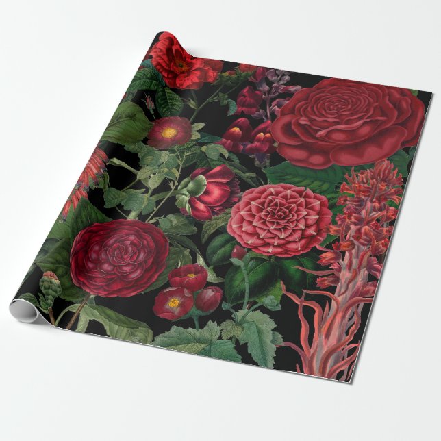 Moody Florals Black & Burgundy Vintage  Wrapping Paper (Unrolled)