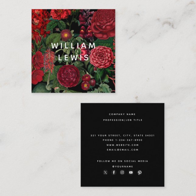 Moody Florals Black Social Media Icons Square Business Card (Front/Back)