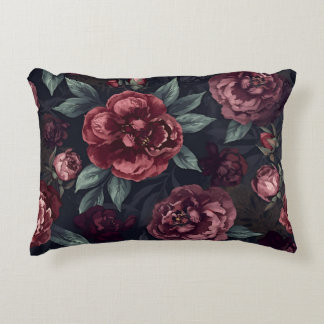 Moody Florals Watercolor Dark Red Pattern Accent Pillow