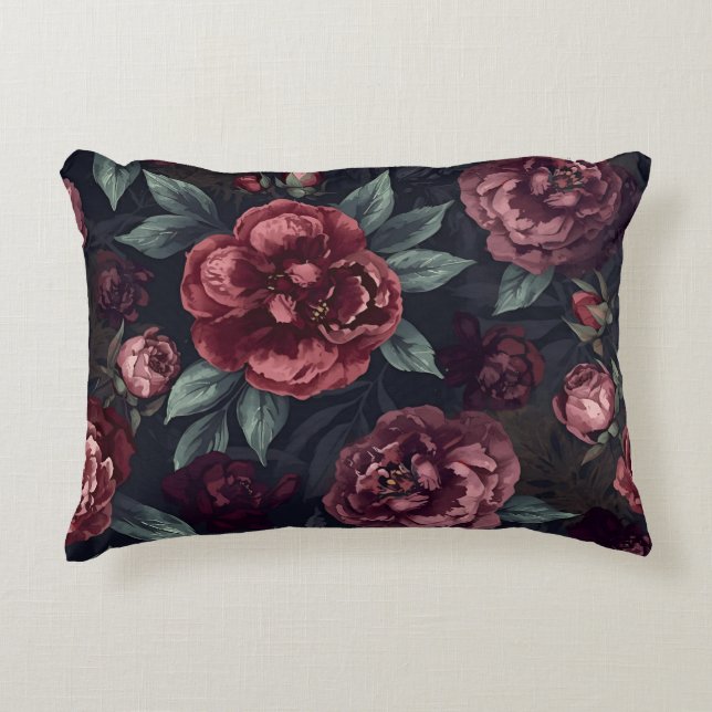 Moody Florals Watercolor Dark Red Pattern Accent Pillow (Front)
