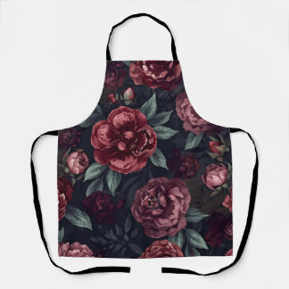Moody Florals Watercolor Dark Red Pattern Apron