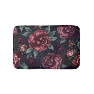 Moody Florals Watercolor Dark Red Pattern Bath Mat