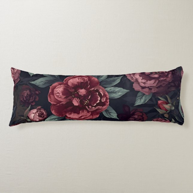 Moody Florals Watercolor Dark Red Pattern Body Pillow (Front)