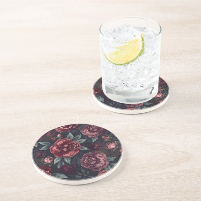 Moody Florals Watercolor Dark Red Pattern Coaster (Side)