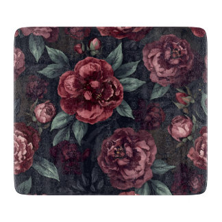 Moody Florals Watercolor Dark Red Pattern Cutting Board
