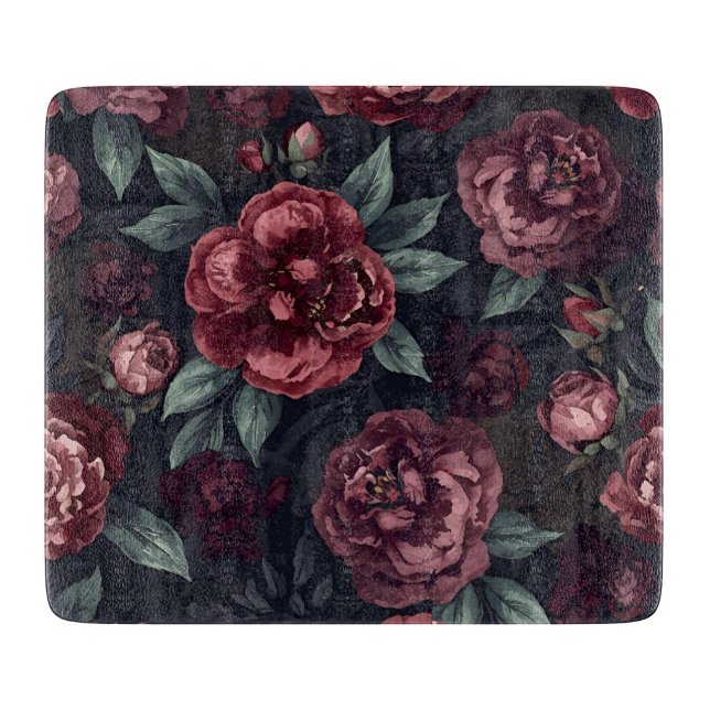 Moody Florals Watercolor Dark Red Pattern Cutting Board (Front)
