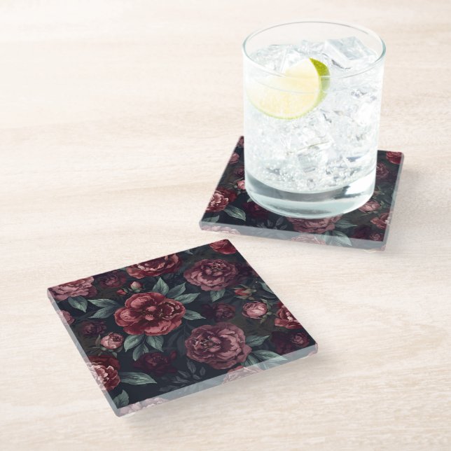 Moody Florals Watercolor Dark Red Pattern Glass Coaster (Angled)