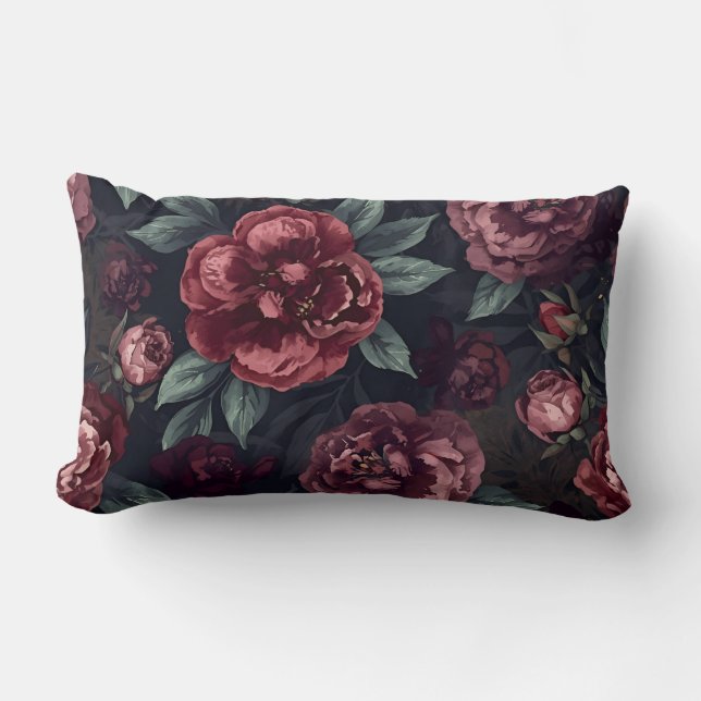 Moody Florals Watercolor Dark Red Pattern Lumbar Pillow (Front)
