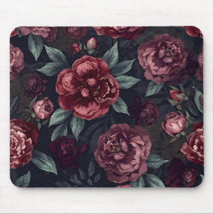 Moody Florals Watercolor Dark Red Pattern Mouse Pad